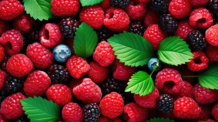Wall Mural - Vibrant Raspberries, Fresh Green Leaves, and Colorful Fruits Creating a Lush Pattern