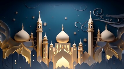 3D illustration of Ramadan Kareem's background with mosque and golden lanterns