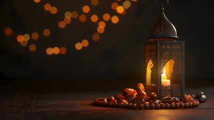 Poster - Arabic lantern with burning candle on wooden table. Ramadan Kareem background