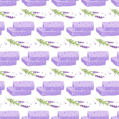 Wall Mural - Seamless pattern with Handmade natural Lavender soap. Soap bars with lavender grass. Vector flat Illustration for wallpaper, fabric, packing, wrapping. Natural organic spa products cosmetics.