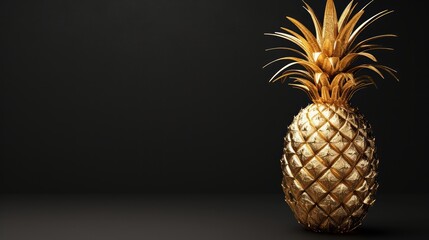 Wall Mural - Golden pineapple made of gold against dark background, ideal for luxury branding and high-end product presentations, embodying exclusivity. Jewelry fruit. Banner with copy space