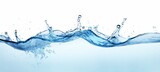 Fototapeta Na ścianę - Clear water wave with splashes and bubbles on a light background. Wide Banner. Copy space. Concepts of purity, refreshment, cleanliness, nature, delivery of drinking water