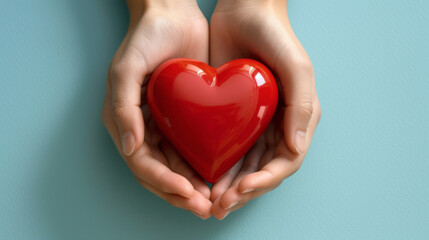 Sticker - two hands gently holding a glossy red heart against a soft blue background, symbolizing care, love, and health.