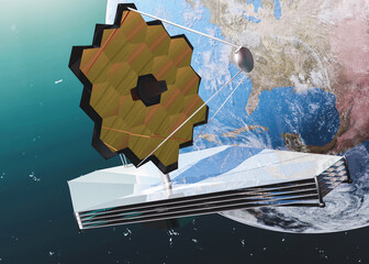 Wall Mural - james webb telescope in outer space near blue planet earth and moon. elements of this 3d rendered il