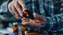 A man carefully pours a handful of pills into his hand, as he prepares to nourish his body and mind indoors