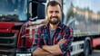 A rugged man with a bushy beard and flannel shirt stands confidently next to his red truck, the worn tires and auto parts symbolizing his hardworking and adventurous spirit