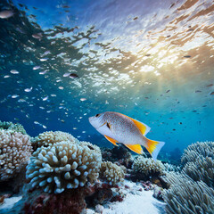 Poster - Coral reef and fishes underwater.