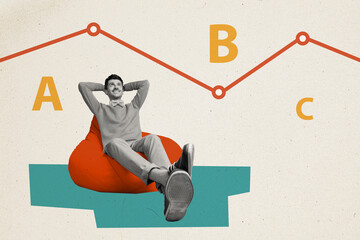 Sticker - Creative trend collage of relaxed male sit bean bag look data info trading letters graph sign weird freak bizarre unusual fantasy billboard