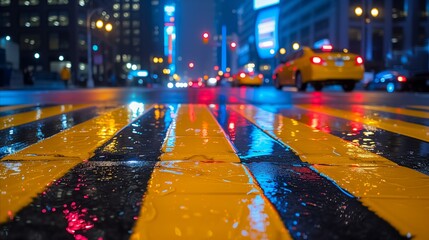 Glowing night city street with rain and reflective traffic lines