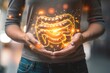a person with a stomach ache holding their hands over their stomach with an illustration of intestines super imposed over top