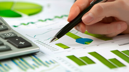 Sticker - a person's hand is holding a pen and pointing at a financial report with pie charts, bar graphs, and numerical data, with a calculator nearby.