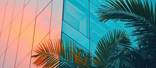 Wall Mural - a glass office building with a palm tree in front of it, featuring a colorful reflection.