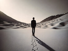 Photo Of A Lonely Man Walking In A Deserted Place, Minimalism. Generative Ai