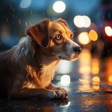 Fototapeta Zwierzęta - poor brown and white mongrel sits outside in the pouring rain at night