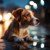 Fototapeta Zwierzęta - poor brown and white mongrel sits outside in the pouring rain at night