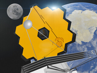 Wall Mural - james webb telescope in outer space near blue planet earth. elements of this 3d rendered illustratio