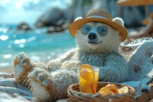 A Polar Bear In A Hat And Glasses Is Relaxing On The Beach In A Chaise Longue Drinking Orange Juice. 3d Illustration