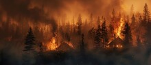 A Forest And Meadow Are Covered In A Massive Fire, With Dense Smoke Spreading And Posing A Threat To Nearby Log Cabins.