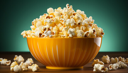 Wall Mural - Fresh popcorn in a yellow bowl, perfect movie snack generated by AI
