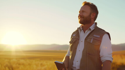 Sticker - person in a field using a tablet with another person in the background, presumably engaged in agricultural activities.