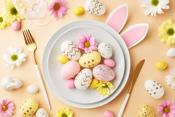 Wall Mural - Easter brunch: pastel palette and floral grace. Top view shot of white plate, pastel eggs, bunny ears, golden cutlery, chrysanthemums on beige background