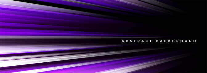Poster - Black wide modern abstract technology background with purple and white glowing high-speed and movement light effect. Vector illustration banner with diagonal stripes.
