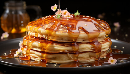 Canvas Print - Freshly baked pancakes stacked high with sweet fruit and syrup generated by AI