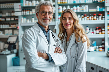 Senior pharmacist and junior colleague smiling confidently in a well-stocked pharmacy