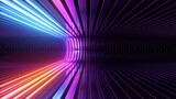 Fototapeta  - 3d render. Abstract futuristic neon background. Rounded red blue lines, glowing against a backdrop of metal strips. Ultraviolet spectrum. Cyber space
