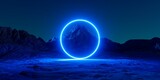 Fototapeta  - 3d render. Abstract background. Blue neon ring glowing over the futuristic landscape. Rocky mountain under the night sky. Fantastic extraterrestrial scenery with electric round portal