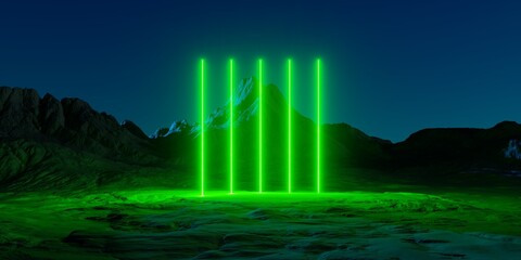Wall Mural - 3d render. abstract fantastic neon background. glowing green vertical lines. futuristic landscape of