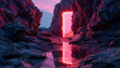 3d render, abstract, ethereal background, neon geometric square portal, pink beach dream, extra-terrestrial night landscape. Rocks and water. Mysterious, futuristic wallpaper. Generative AI.
