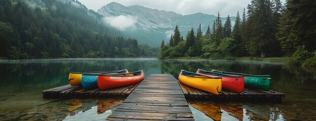 Wall Mural - Row of colorful canoes on jetty, erene mountain lake, fog shrouded forest background