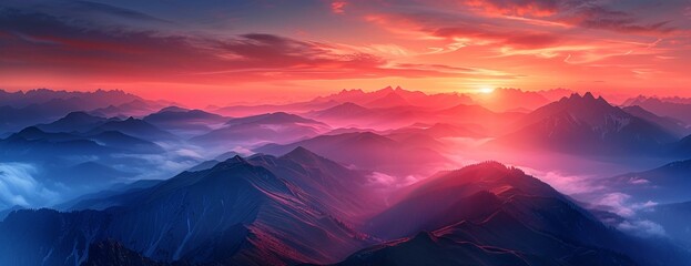 Wall Mural - layers of mountains glow under fiery sky, dawn illuminating mist filled landscape