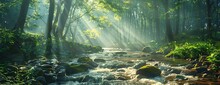 Rays Of Sunshine Stream Through Forest Canopy, Spotlighting Rocky Creek Lush Green Plants And Trees Along Banks
