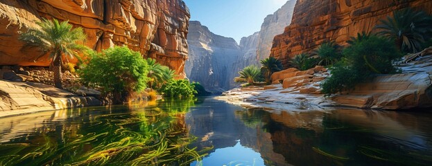 Wall Mural - Boats on serene river in deep canyon, cliffs rising on either side amidst green foliage