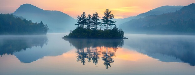 Wall Mural - dawn breaks over misty alpine lake small island of conifers reflecting on calm waters