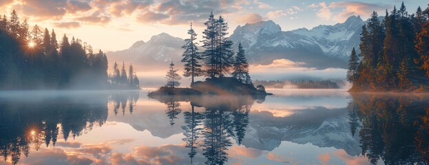 Wall Mural - Spectacular sunrise over reflective alpine lake lone island, set against backdrop of mountains and clouds