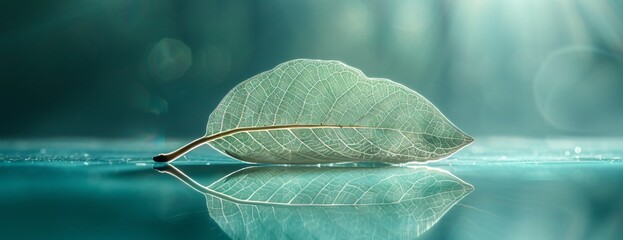 Wall Mural - Delicate skeletal leaf visible veins, resting on reflective surface cool-toned backdrop