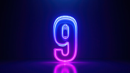 3d render, abstract number nine glowing in the dark with pink blue neon light. Digital symbol 9