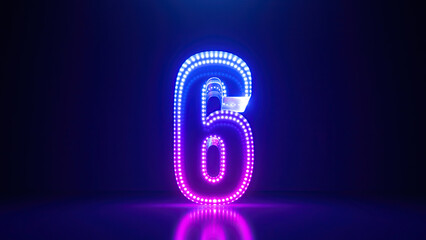 Wall Mural - 3d render, abstract number six glowing in the dark with pink blue neon light. Digital symbol 6