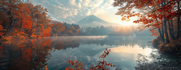 Wall Mural - Misty waters reflect mountain background, autumn leaves and radiant sunburst