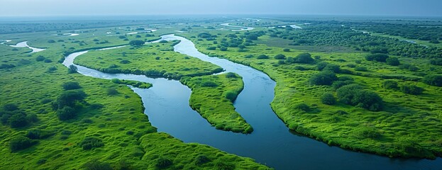 Wall Mural - Panoramic aerial of serpentine rivers cutting through dense green marshland