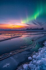 Wall Mural - aurora borealis stretches above frozen river ice chunks against sunset