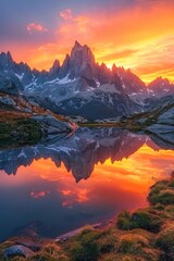 Wall Mural - Jagged mountain peaks reflecting in still alpine lake at sunset, vibrant sky colors