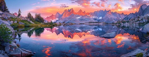 Wall Mural - panoramic sunset over serene alpine lake sharp mountain reflections and vibrant skies