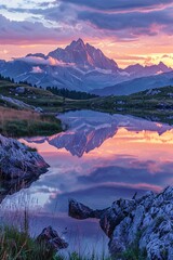 Wall Mural - sunset casts pink glow over mountain range, mirrored in calm waters of an alpine lake