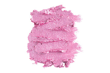 Wall Mural - Eye shadow or blusher pink shimmer colored, macro texture. Broken pink eye shadow smear make up palette isolated on a white background.