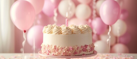 Poster - Delicious birthday cake with a glowing candle on top, perfect dessert for celebration