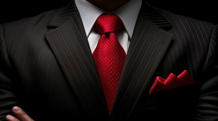 Close-Up of Man in Pinstripe Suit With Red Tie and Pocket Square